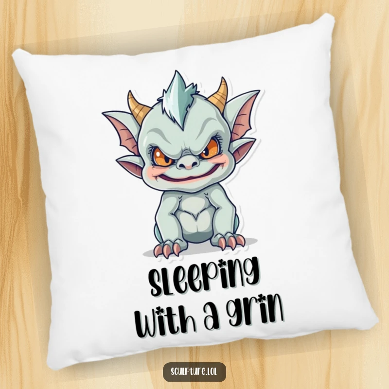 Funny pillow featuring a mischievous gargoyle making a funny face, providing comfort and a touch of gothic humor to any room.