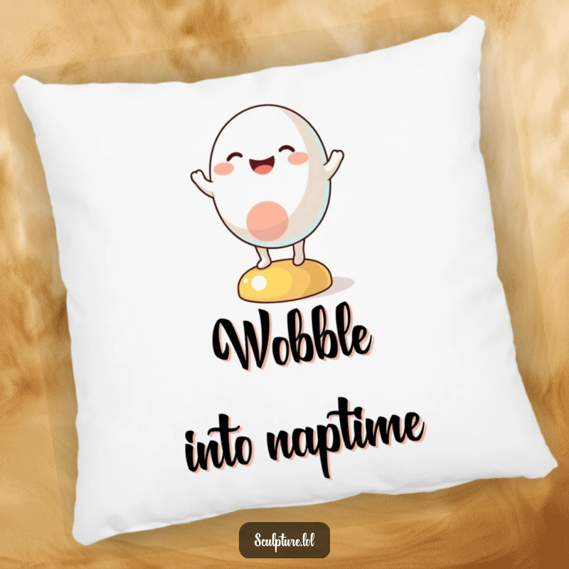 Funny pillow with a soft texture and a depiction of a happy abstract character comically wobbling with a contented smile.