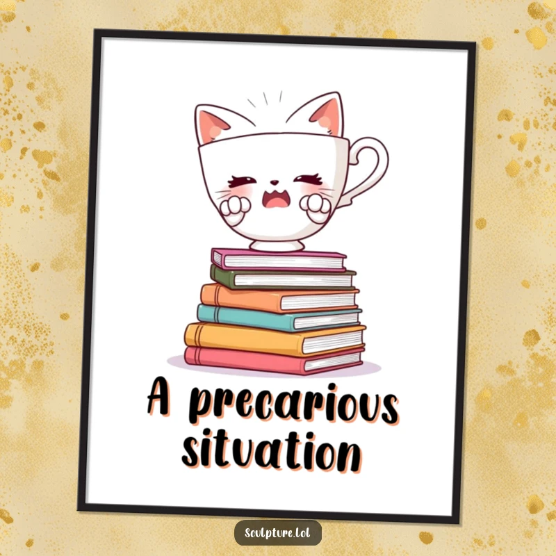 Funny digital art of a startled teacup character balancing on books, perfect for instant download and whimsical, humorous wall decoration.