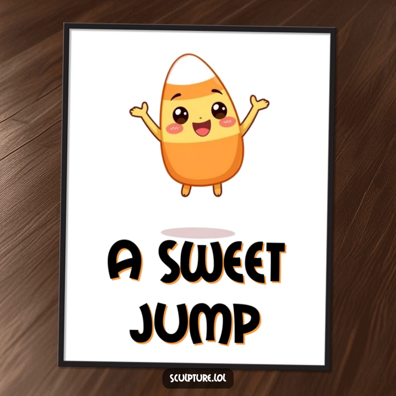 Funny digital art print featuring a happy candy corn character performing a silly, energetic leap, adding vibrant humor and Halloween spirit.