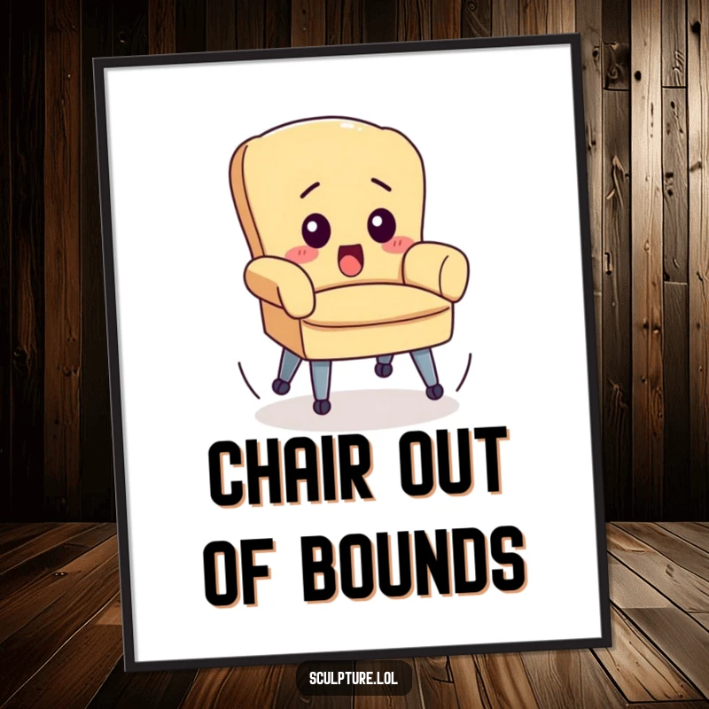 Funny digital art print of a small chair with wheels spinning wildly, symbolizing a humorous, out-of-control moment.
