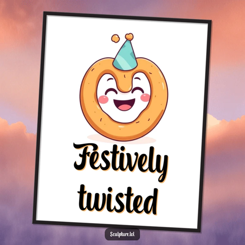 Funny digital art print of a grinning pretzel character wearing a tiny party hat, ready to bring laughter to any digital display.