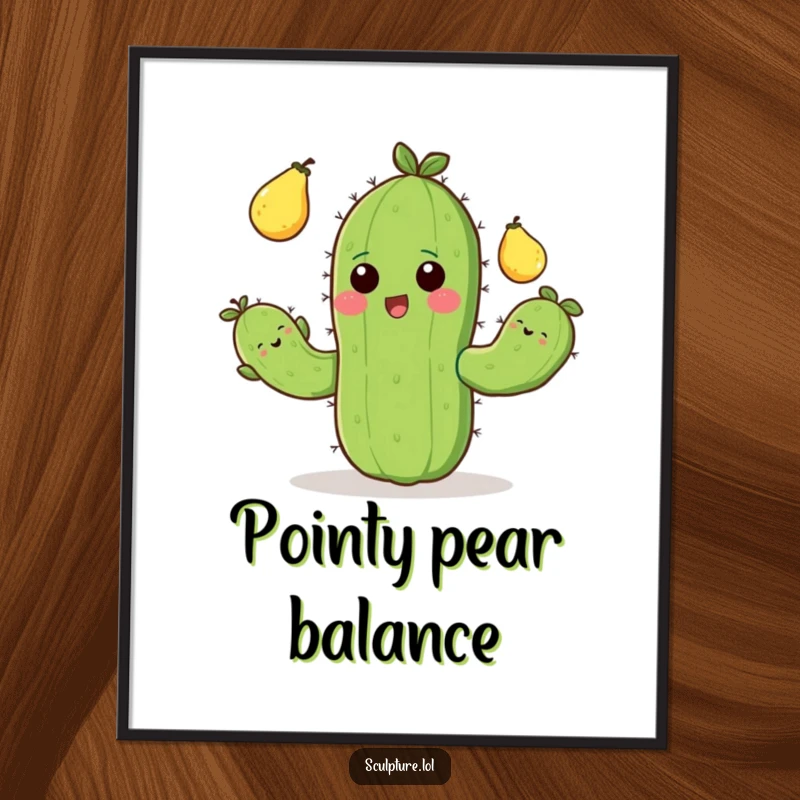 Funny digital art print of a happy cactus with stubby arms juggling prickly pears, adding cheerful and humorous wall art.