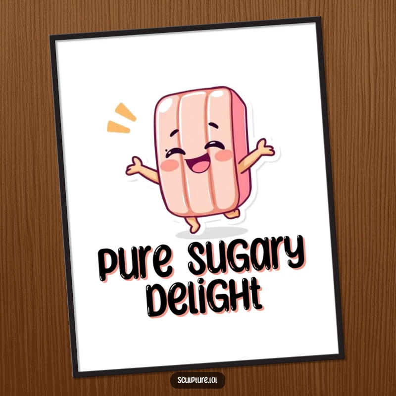 Funny candy bar digital art print of a giggling character doing a fun shimmy, radiating sweetness and joy.