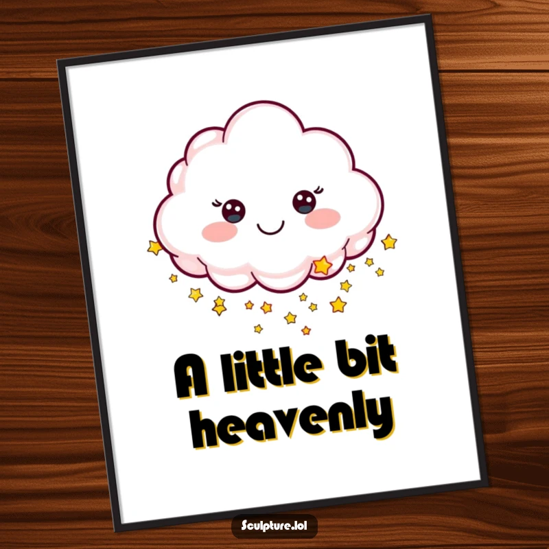 Funny digital art print of a cheerful sculpted cloud character raining tiny stars, bringing celestial magic indoors.
