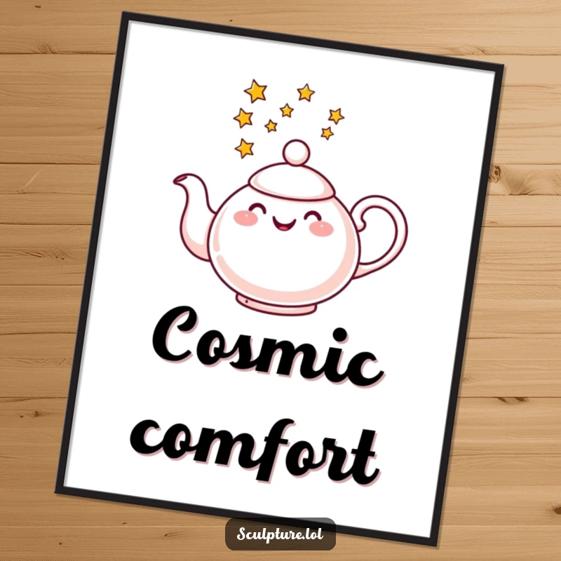 Funny digital art print of a cheerful teapot pouring a stream of stars, perfect for adding instant magical decor.