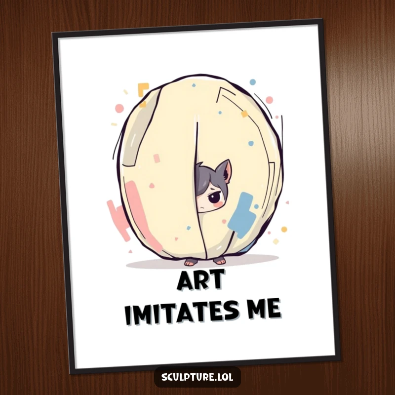 Funny digital art print of a mischievous character hiding behind a bold abstract art piece, perfect for adding humor and style to any digital display.