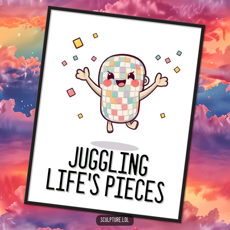 Funny Digital Art Print of a mosaic tile character joyfully juggling small pieces, bringing vibrant artistic themes and humor to any space.