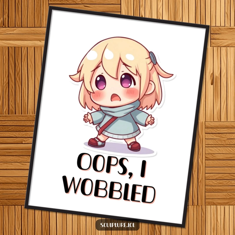 Funny digital art print of a surprised resin character comically losing its balance, ideal for instant wall decor.