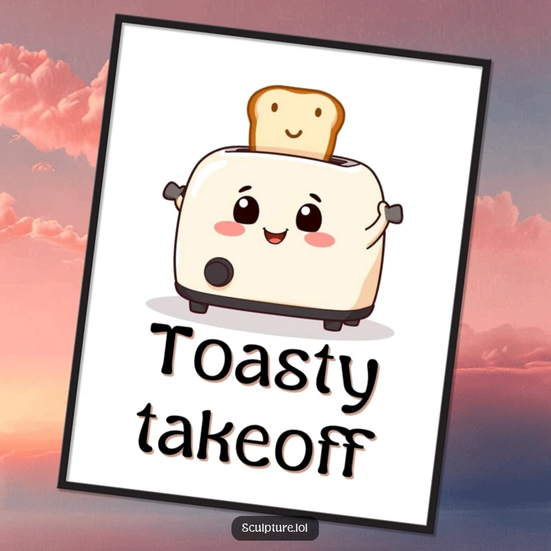 Funny toaster enthusiastically launching toast into the air, available as a digital art print.