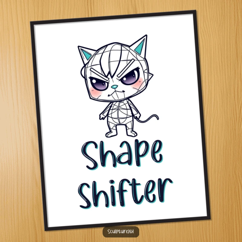 Funny wireframe digital art print of a mischievous character contorting oddly, bringing artistic humor to any display.