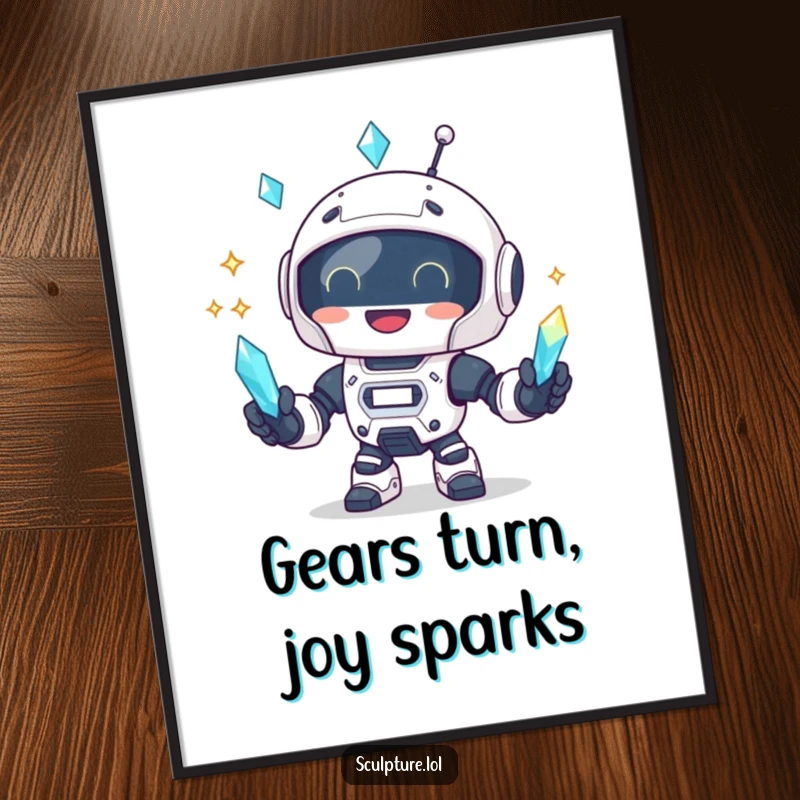 Funny robot juggling three sparkling crystals, presented as a digital art print.