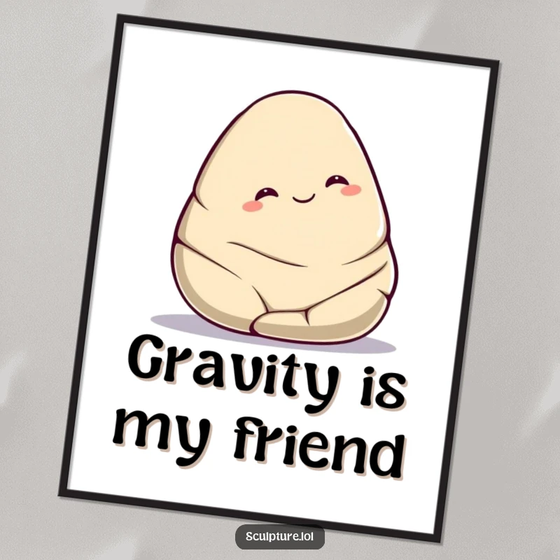 Funny smooth stone digital art print of a cute character gently rolling downhill with a contented smile, radiating peaceful humor.