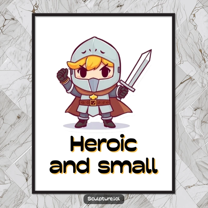 Funny determined small knight triumphantly holding a tiny sword. Humorous digital art for instant room makeovers.