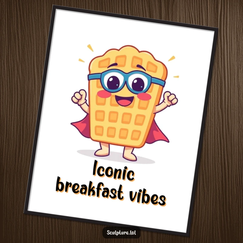 Funny waffle superhero digital art print of a smiling waffle character in a powerful heroic pose, ready to decorate.