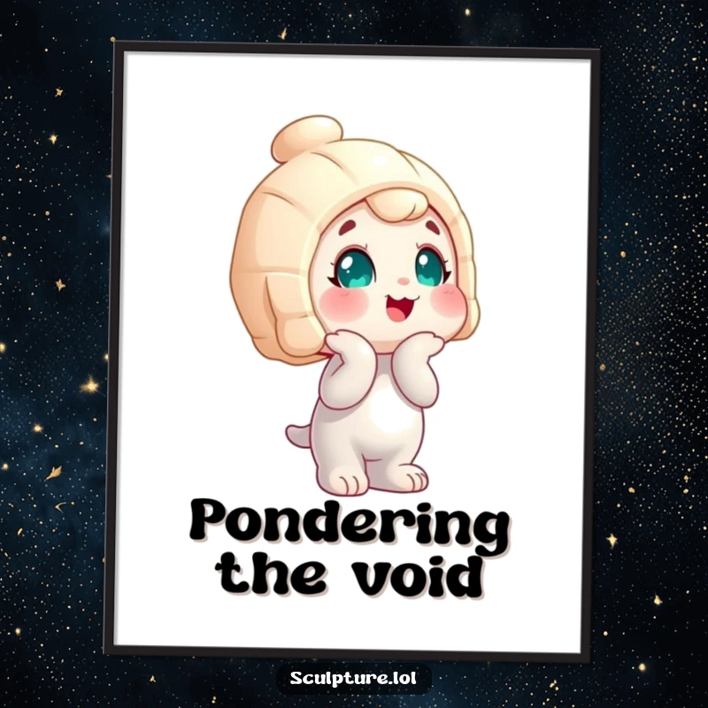 Funny wobbly statue character digital art print, head tilted curiously, offering instant humorous decor for any space.