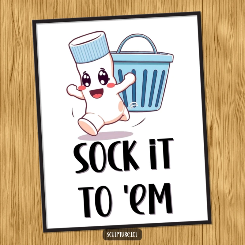 Funny digital art print of a wide-eyed sock escaping a friendly laundry basket, bringing humorous wall decor to life.