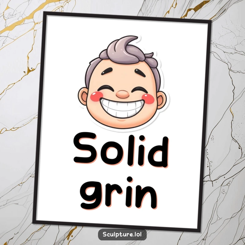 Funny happy plaster cast digital art print with a wide grin, offering instant cheerful and humorous wall decor.