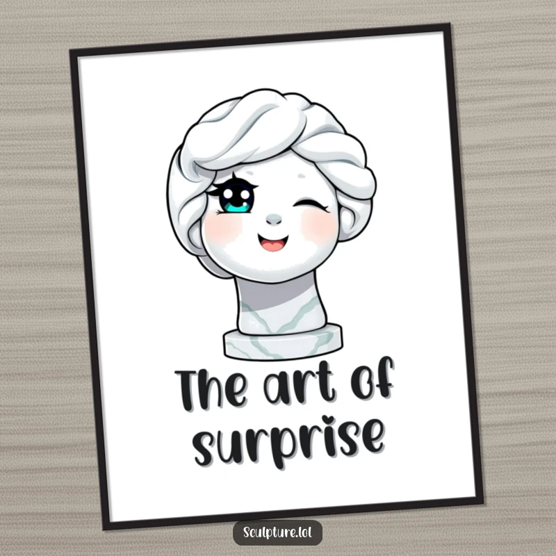 Funny delighted marble statue winking an eye digital art print, perfect for instant wall decor with playful artistic humor.
