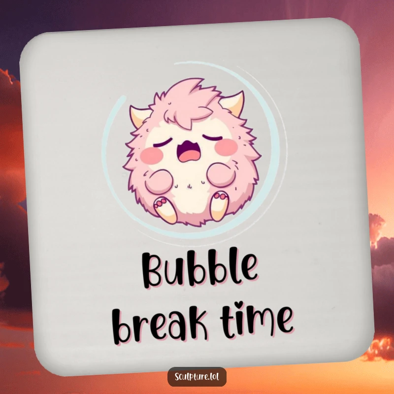 Funny sleepy fluffy monster yawning in a bubble, protecting surfaces. A humorous and practical drink coaster.
