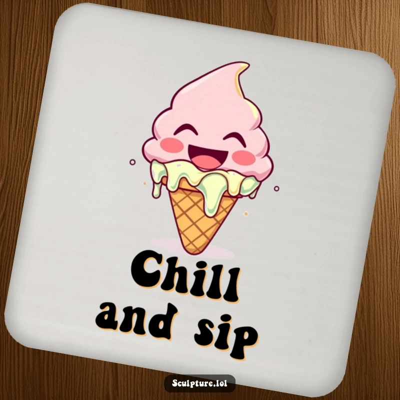 Funny drink coaster with a gleefully melting ice cream cone character, protecting surfaces with sweet, humorous flair.
