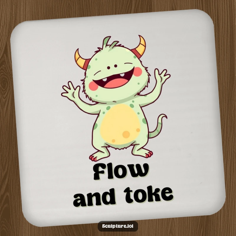 Funny drink coaster with a whimsical monster in a comical yoga pose, adding humor to tabletops.