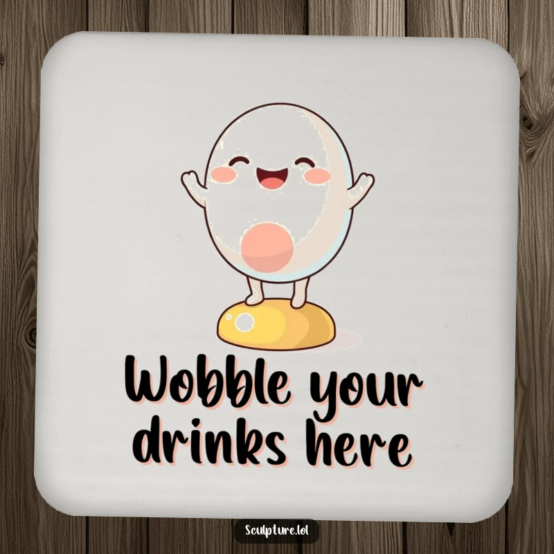 Funny drink coaster featuring a cheerful abstract character in a humorous, happy wobble, protecting surfaces with style.