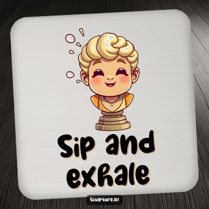 Funny bronze bust coaster showing a cheerful sculpture blowing air, ideal for protecting surfaces.