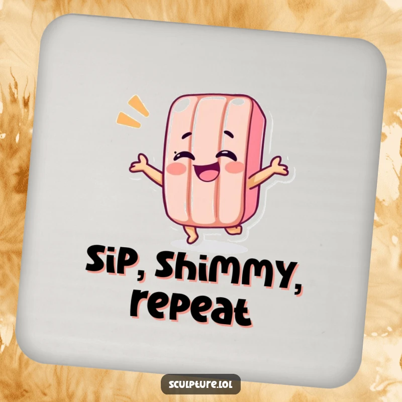 Funny candy bar coaster featuring a giggling candy bar character in a mid-shimmy pose, adding fun to surfaces.