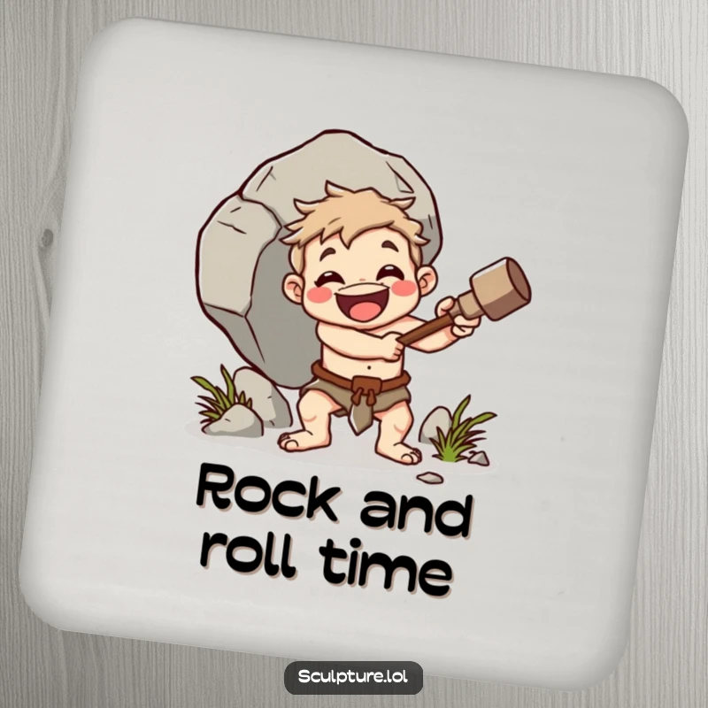 Funny caveman coaster, cheerful character whacking boulder with club, primitive table protection, humorous decor accent, perfect funny gift.