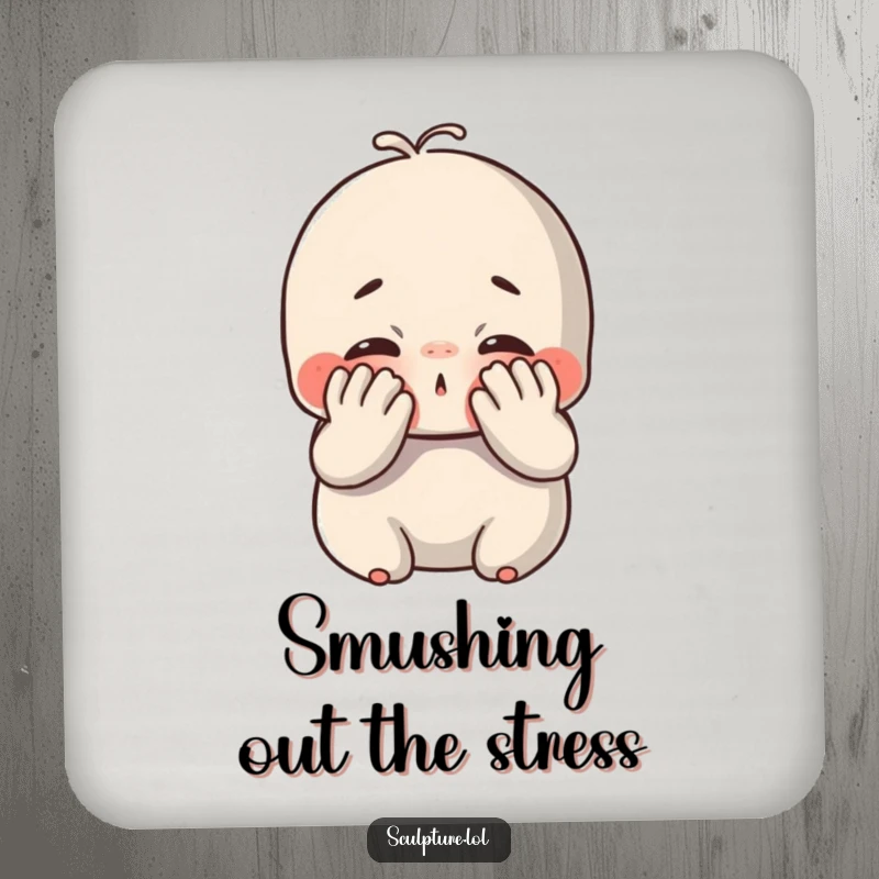Funny chubby clay coaster featuring a cute character delightedly smushing its face with hands, adding humor to drink protection.