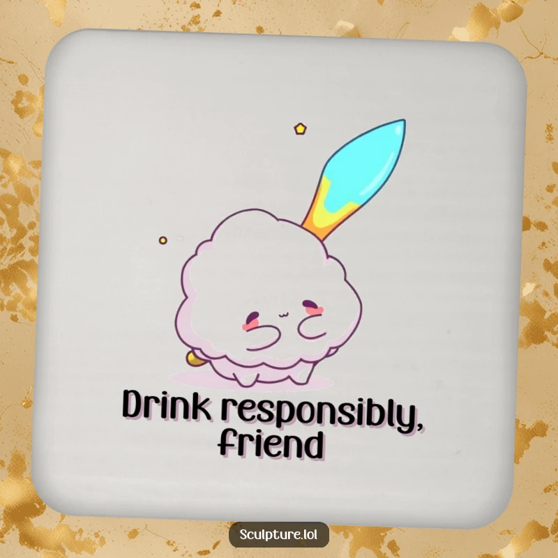 Funny drink coaster depicting a fluffy cloud character reaching to hug a meteor, offering surface protection and a cosmic conversation starter.
