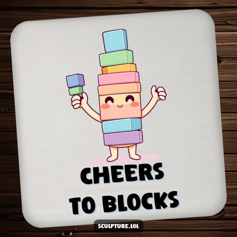 Funny Drink Coaster featuring a happy character proudly showing a colorful, wobbly tower of blocks, protecting surfaces with joy.