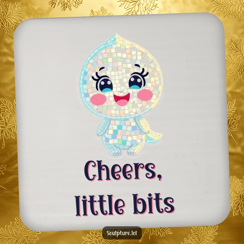 Funny drink coaster with a joyful mosaic character composed of tiny shimmering pieces, adding sparkling style.