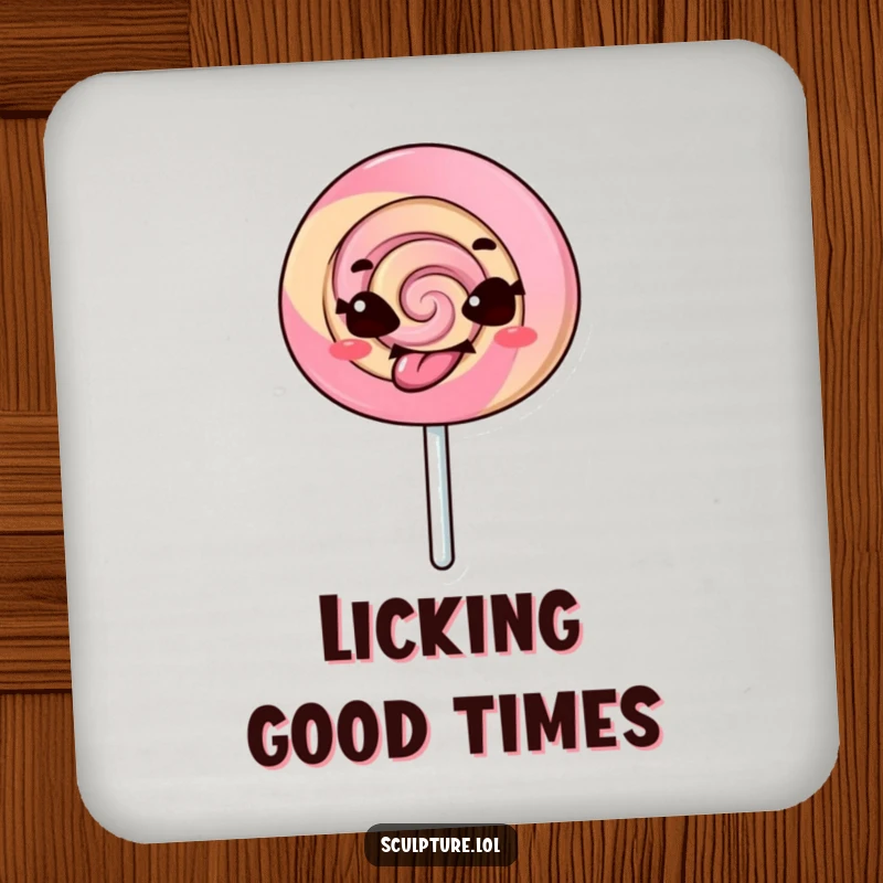 Funny coaster with a mischievous lollipop character sticking its tongue out, safeguarding surfaces with a dose of sweet, sassy humor.