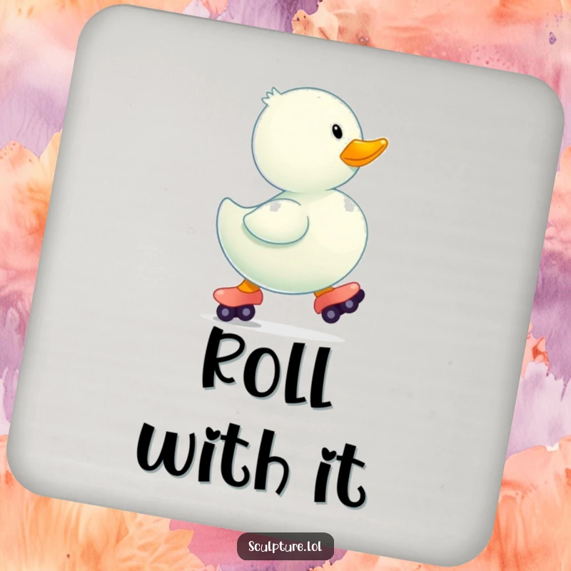 Funny bouncing rubber ducky wearing tiny roller skates on a drink coaster.