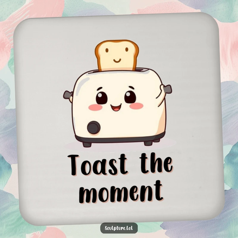 Funny toaster launching toast on a drink coaster, protecting surfaces.