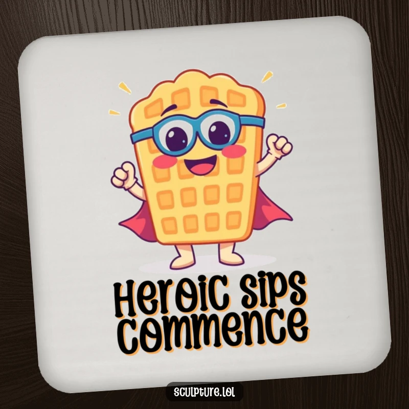 Funny waffle coaster featuring a smiling waffle character in a superhero pose, protecting surfaces with charm.