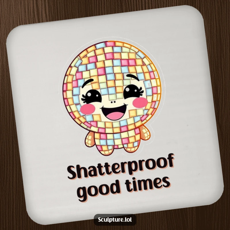 Funny drink coaster featuring a grinning mosaic character made of shimmering, happy tiles, adding artistic flair.