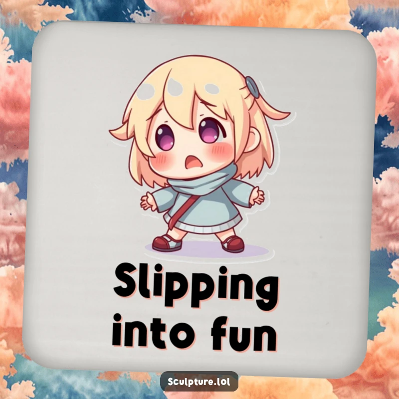 Funny drink coaster with a surprised resin character hilariously losing its balance, protecting surfaces with humor.