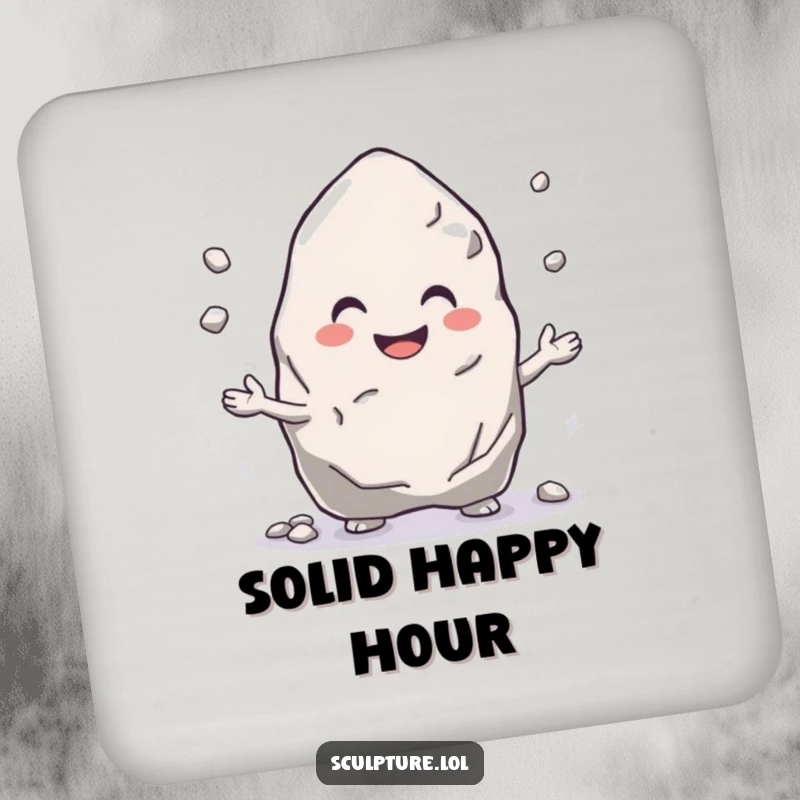 Funny drink coaster with a smiling rock character juggling pebbles, adding cheerful stability to tables.