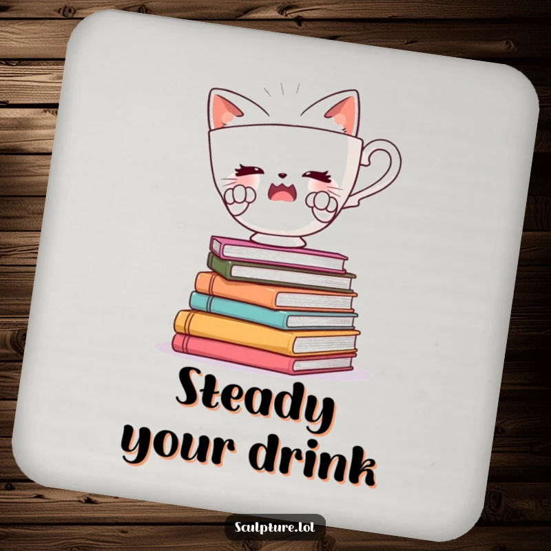 Funny drink coaster depicting a startled teacup character balancing on books, offering surface protection and a whimsical conversation starter.
