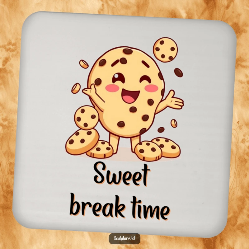 Funny drink coaster featuring a delighted chocolate chip cookie character juggling smaller cookies, adding a sweet and humorous touch.