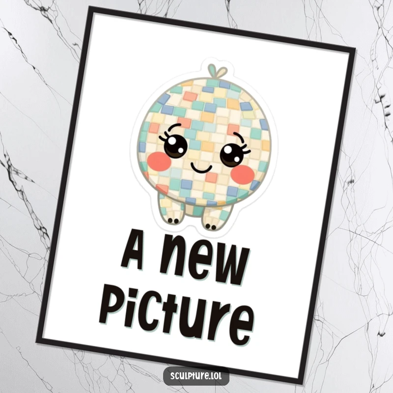 Funny poster depicting a curious mosaic character composed of colorful tiles, its tiny smiling eyes radiating playful wonder and artistic spirit.