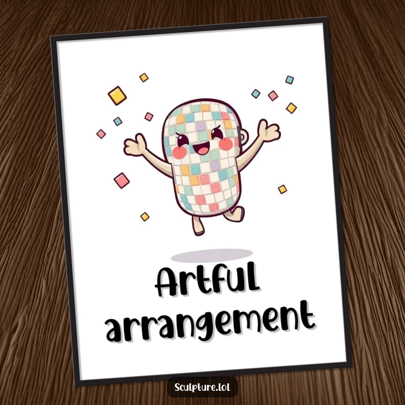 Funny Poster of a mosaic tile character joyfully juggling smaller pieces, adding a vibrant, artistic, and humorous touch to decor.