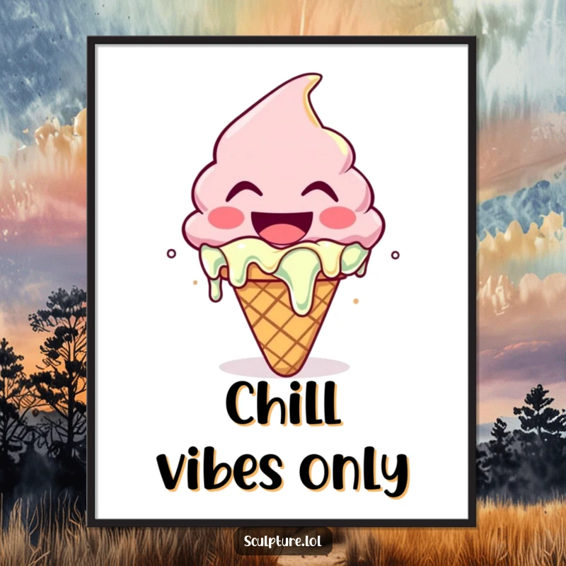 Funny poster depicting a laughing melting ice cream cone character, bringing sweet, joyful vibes to any room.