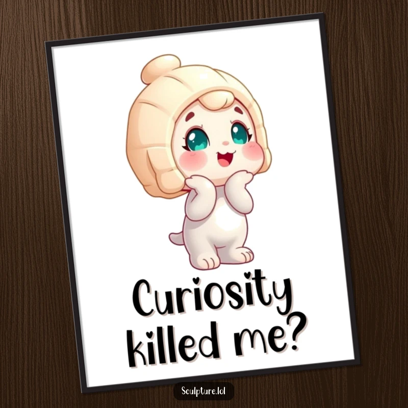 Funny wobbly statue character poster, tilting head with a curious expression, adding quirky and humorous wall art.