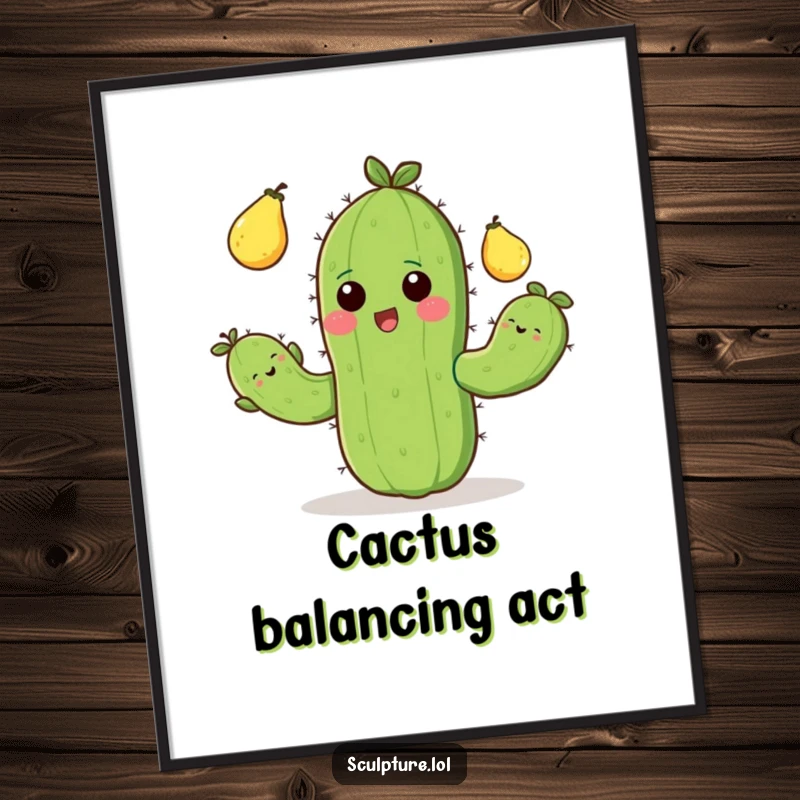 Funny poster illustrating a delighted cactus with stubby arms ecstatically juggling prickly pears, adding vibrant art.