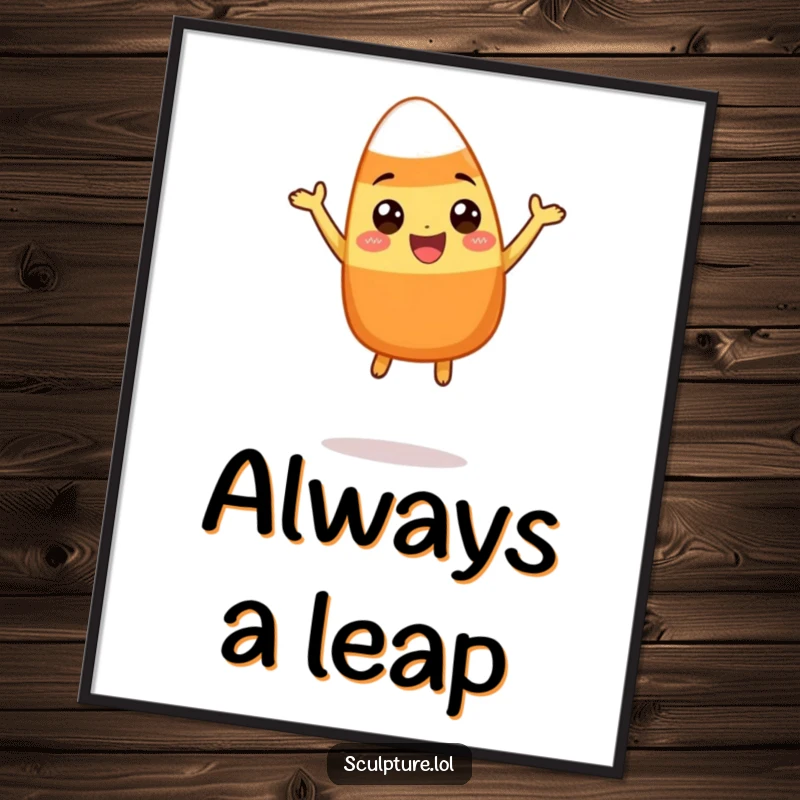 Funny poster featuring a happy candy corn character performing a silly, energetic leap, adding a cheerful and humorous Halloween vibe.