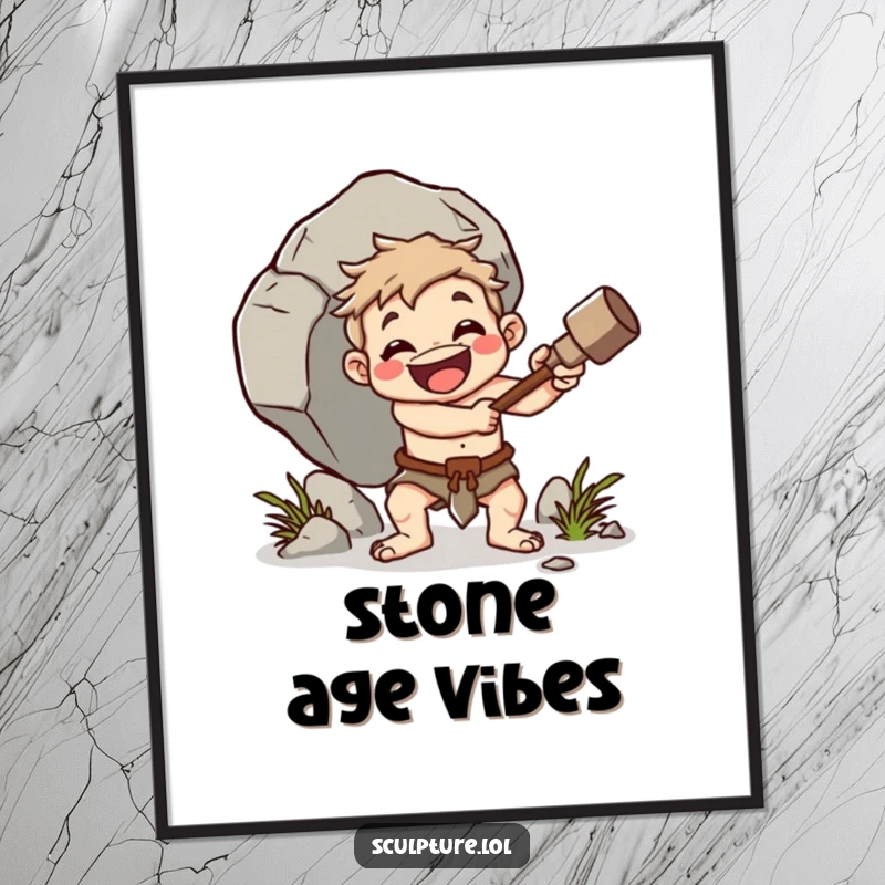Funny caveman poster, cheerful character whacking boulder with club, primitive strength wall art, bold humor decor, perfect funny gift.